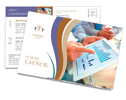 Modern people doing business, graphs and charts being demonstrated on the screen of a touch-pad Postcard Template
