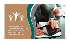 Close-up of a businessman at his workplace with a newspaper, cup of coffee and a tablet computer Business Card Template