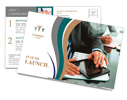 Close-up of a businessman at his workplace with a newspaper, cup of coffee and a tablet computer Postcard Template