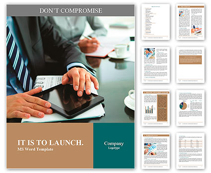 Close-up of a businessman at his workplace with a newspaper, cup of coffee and a tablet computer Word Template