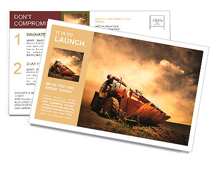 Yellow tractor on golden sunrise sky Postcard Template