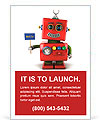 Little happy vintage toy robot holding a hello sign over white background Ad Template