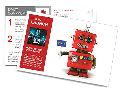 Little happy vintage toy robot holding a hello sign over white background Postcard Template