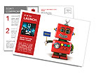 Little happy vintage toy robot holding a hello sign over white background Postcard Template