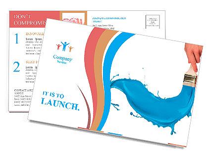 Blue paint splashing out of brush. Isolated on white background Postcard Template