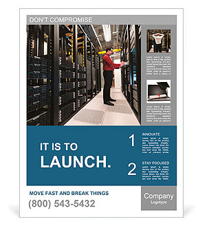 Young IT administrator installing a new rack mount server. Large scale storage server is also seen. Poster Template