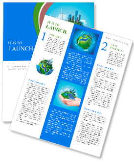 Hands holding clear green meadow with sun battery block, wind mill turbines and city skyscrapers. Co Newsletter Template