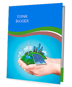 Hands holding clear green meadow with sun battery block, wind mill turbines and city skyscrapers. Co Presentation Folder