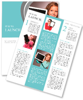 Happy child with tablet computer. Kid showing Newsletter Template