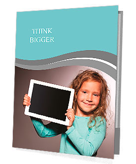 Happy child with tablet computer. Kid showing Presentation Folder