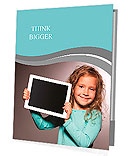 Happy child with tablet computer. Kid showing Presentation Folder