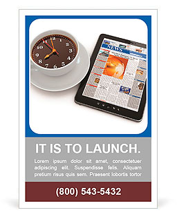 Morning news. Tablet pc and clock as cup of coffee. 3d Ad Template