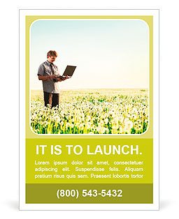 Happy young man with laptop in hand standing on meadow with dandelions Ad Template