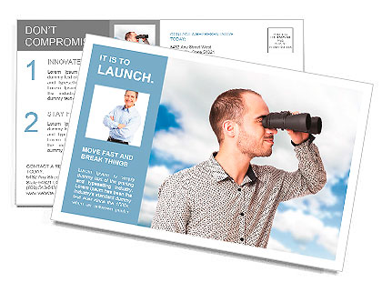 Business man with binoculars looking to the future or looking for a professional staff Postcard Template