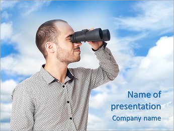 Business man with binoculars looking to the future or looking for a professional staff PowerPoint Template