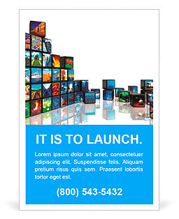 Media technologies concept: photo collage from cubes with pictures isolated on white reflective back Ad Template