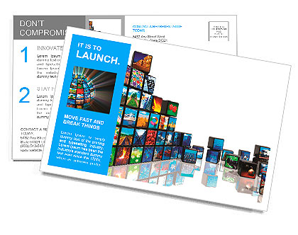 Media technologies concept: photo collage from cubes with pictures isolated on white reflective back Postcard Template