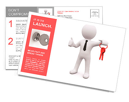 3D man standing and holding red keys Postcard Template