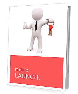 3D man standing and holding red keys Presentation Folder