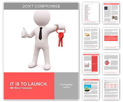 3D man standing and holding red keys Word Template