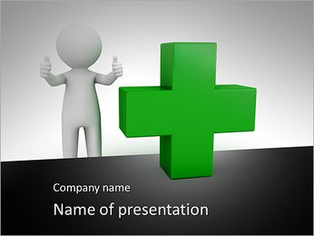 3d man showing thumbs up with green plus sign on white background PowerPoint Template