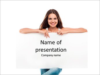 Lovely girl posing with a sign PowerPoint Template