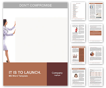 Business woman pushing the title of the presentation Word Template
