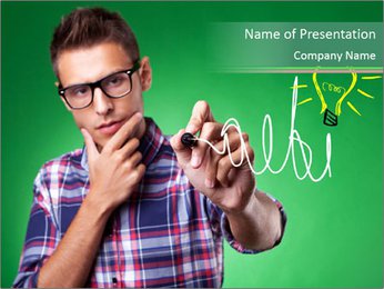 Creative Young Man In Glasses Jotting Down Idea And Sketching Light Bulb As A Sign Of Innovation PowerPoint Template