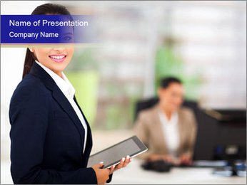 Stylish Professional Woman Using Tablet With Coworker In Background: A Modern Business Scene. PowerPoint Template