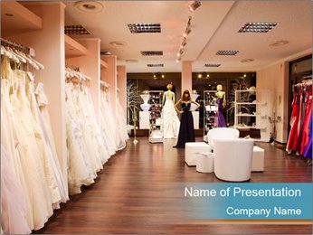 Bridal Shop Displays Elegant Wedding And Evening Gowns On Mannequins. PowerPoint Template