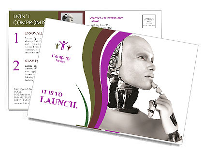 Isolated White Background Male Robot Deep In Thought Postcard Template