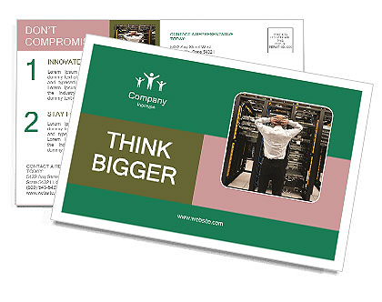 Astonished Man In A Data Center Network Environment. Postcard Template