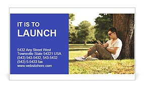 Man Using Tablet While Sitting Under A Tree. Business Card Template