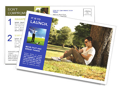 Man Using Tablet While Sitting Under A Tree. Postcard Template