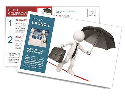 3D White Businessman Balancing Briefcase And Umbrella - Isolated On White Background Postcard Template