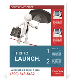 3D White Businessman Balancing Briefcase And Umbrella - Isolated On White Background Poster Template