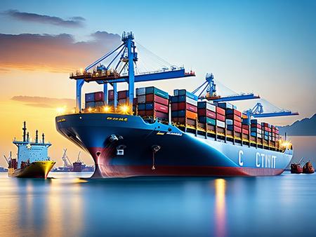 A large cargo ship in the ocean at sunset Image