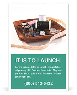 House Needlework Kit: Includes Threads, Needles, Scissors, And Tape Measure On A Wooden Plate. Ad Template