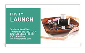 House Needlework Kit: Includes Threads, Needles, Scissors, And Tape Measure On A Wooden Plate. Business Card Template