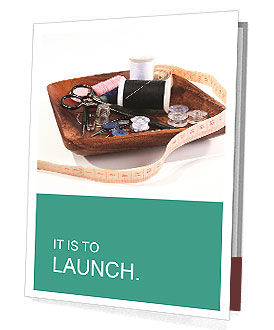 House Needlework Kit: Includes Threads, Needles, Scissors, And Tape Measure On A Wooden Plate. Presentation Folder