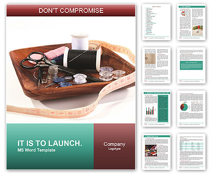 House Needlework Kit: Includes Threads, Needles, Scissors, And Tape Measure On A Wooden Plate. Word Template