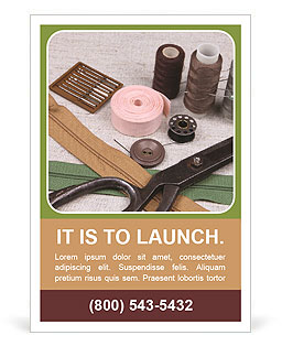 Essential Sewing Supplies: Scissors, Bobbins, Needles, And Fabric Ad Template