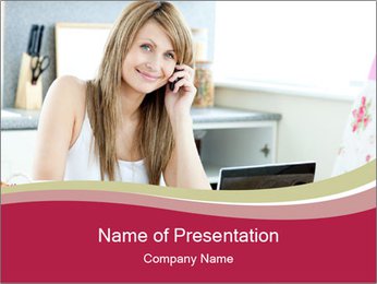 Woman Speaking Over Phone in the Kitchen PowerPoint Template