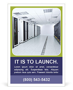 Server Room With Computer Racks, Internet Network, And Digital Tv Receiver Ad Template