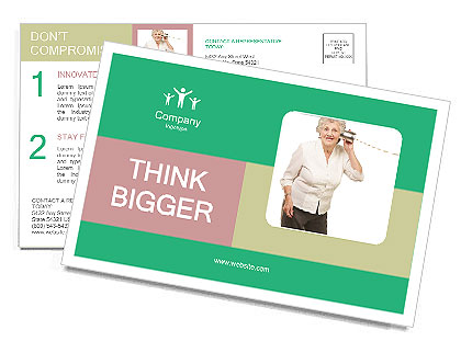 Senior Woman Listening With Metal Tin Can: A Candid Portrait On White Background Postcard Template