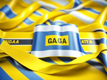 A blue and yellow striped flag with the word gaga on it PowerPoint Template