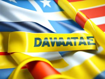 A close up of a flag with the word dawatae on it PowerPoint Template