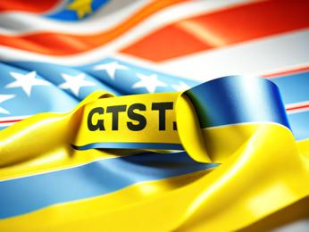 A close up of a ribbon with a flag in the background PowerPoint Template