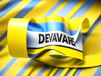 A blue and yellow striped background with a blue and yellow striped banner with the word PowerPoint Template