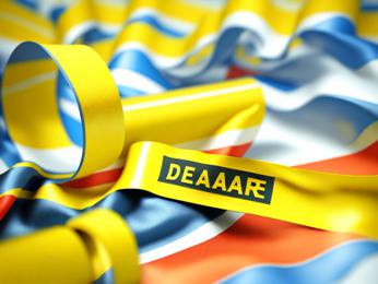 A yellow ribbon with the word deaar on it PowerPoint Template